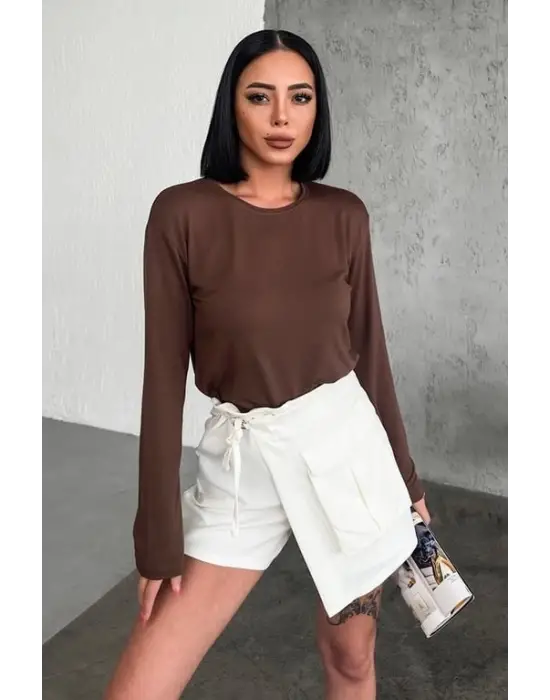 Omarı Şık Kahverengi Uzun Kollu Viskon Penye Body