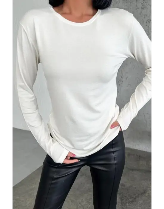 Omarı Şık Ekru Uzun Kollu Likralı Body