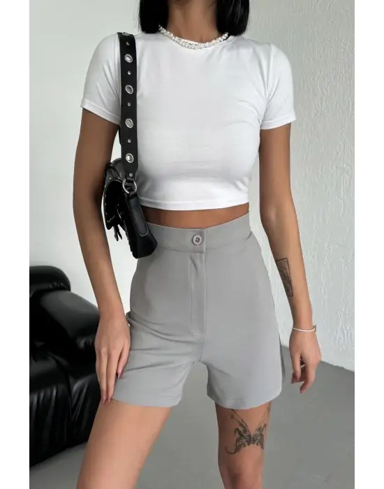 Omarı Yüksek Bel Esnek Krep Şort Gri