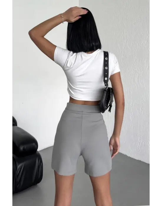 Omarı Yüksek Bel Esnek Krep Şort Gri