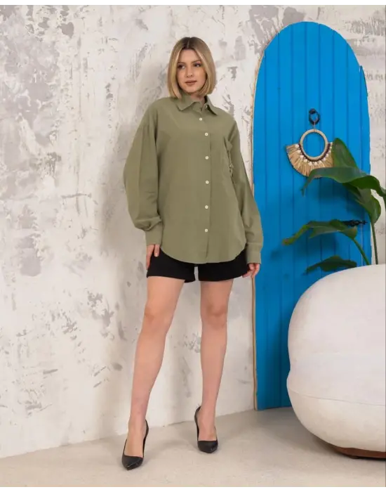 Relax fit keten gömlek haki s255349