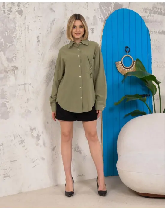 Relax fit keten gömlek haki s255349