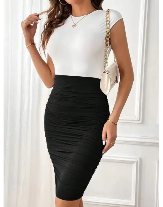 Omarı Çift Renkli Büzgülü Dalgıç Elbise