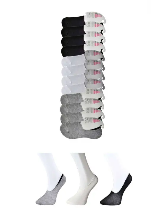 Omarı Siyah Gri ve Beyaz Kadın Babet Çorap Seti 12li