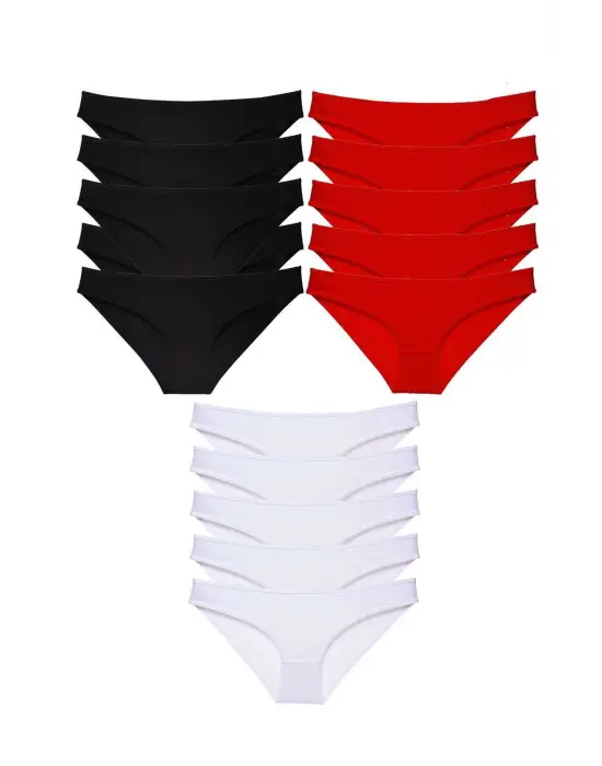 Omarı Likralı Kadın Slip Külot Seti Siyah Kırmızı Beyaz