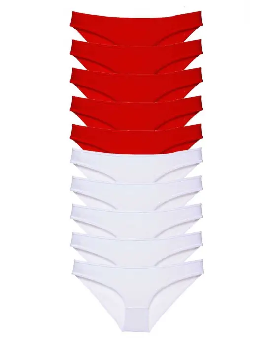 Omarı 10 Adet Likralı Kadın Slip Külot Seti Kırmızı Beyaz