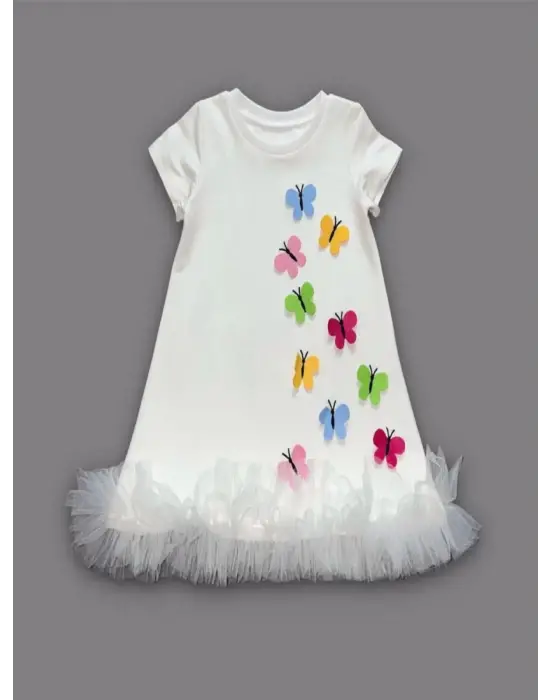 Omarı Renkli Kelebek Nakışlı Fırfırlı Çocuk Elbisesi