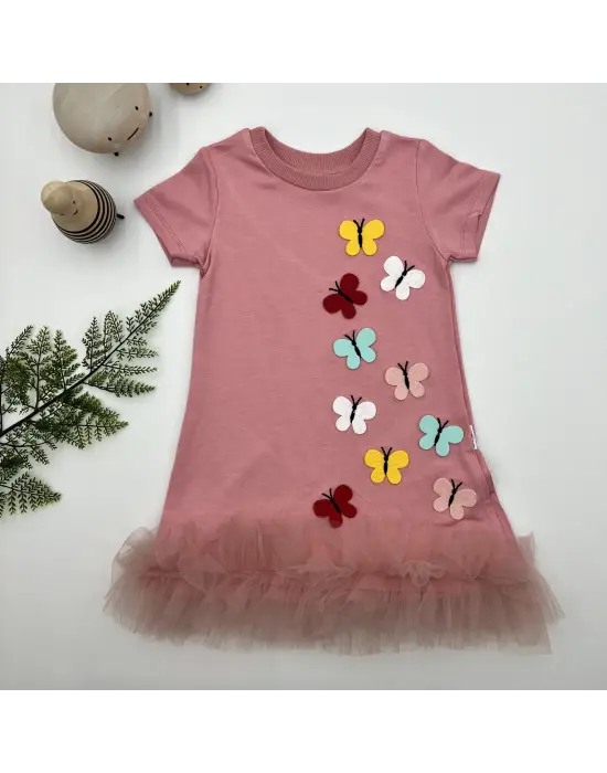 Omarı Renkli Kelebekler Nakışlı Fırfırlı Jile Çocuk Elbisesi