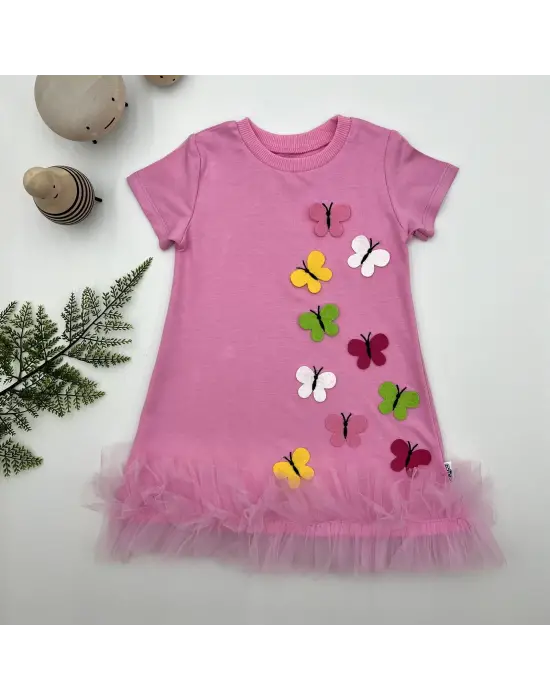 Omarı Renkli Kelebek Nakışlı Fırfırlı Çocuk Elbisesi Pembe