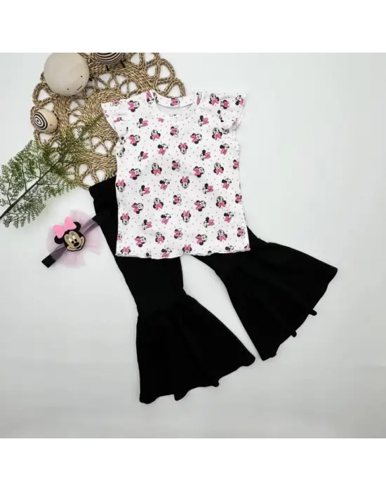 Omarı Mickey Baskılı Bandanalı Siyah Kız Çocuk Takımı