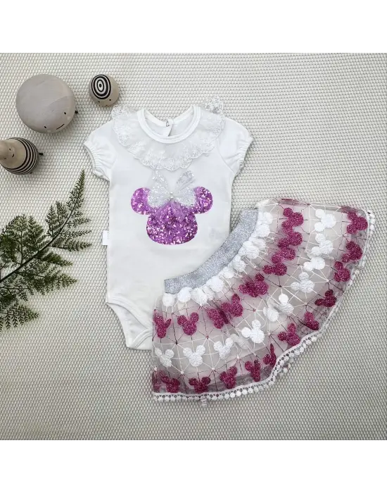 Omarı Mickey Nakışlı Kısa Kollu Bebek Takımı Fuşya
