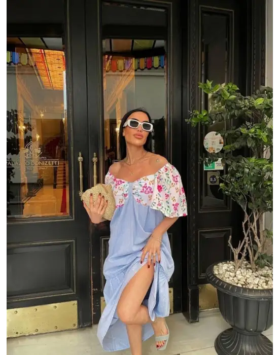 RENKLİ NAKIŞ DESENLİ ELBİSE - Mavi