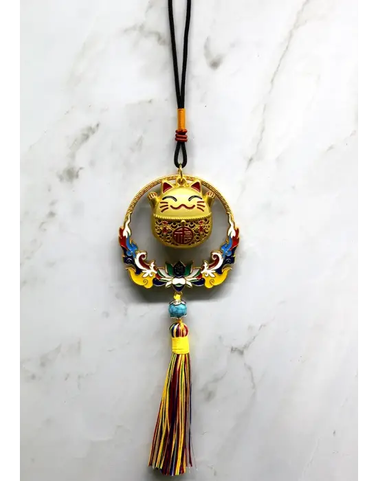Renkli Püsküllü Şans Kedisi Feng Shui Askılık