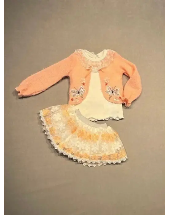 Omarı Yumuşak Örme Hırkalı Kız Çocuk Takımı - Somon Renkli