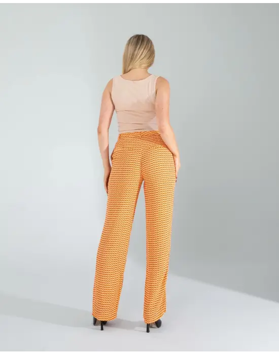 Omarı Retro Desenli Turuncu Pantolon