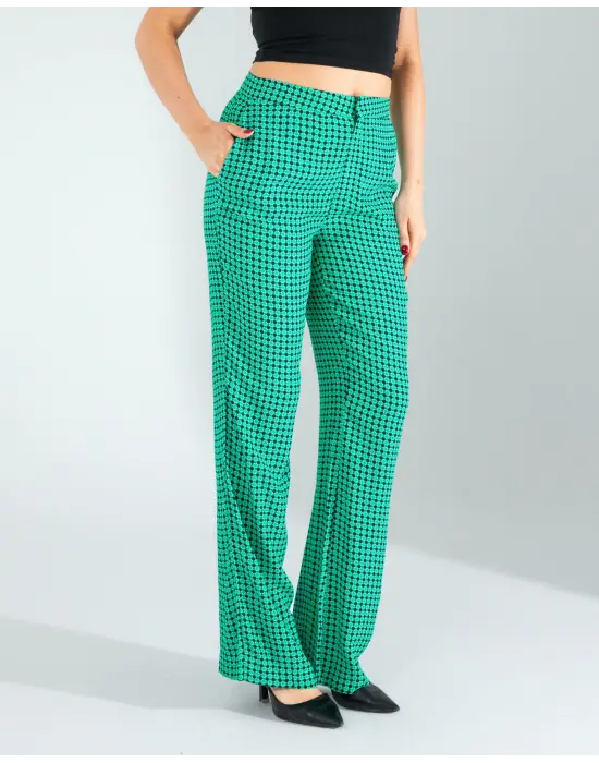 Trend Retro Desen Yeşil Pantolon