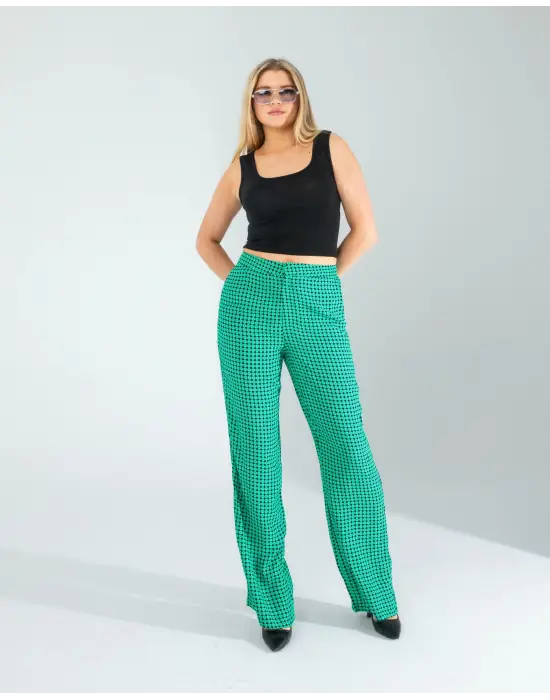Trend Retro Desen Yeşil Pantolon