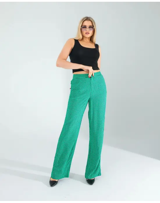Omarı Retro Desenli Cepli Yeşil Pantolon