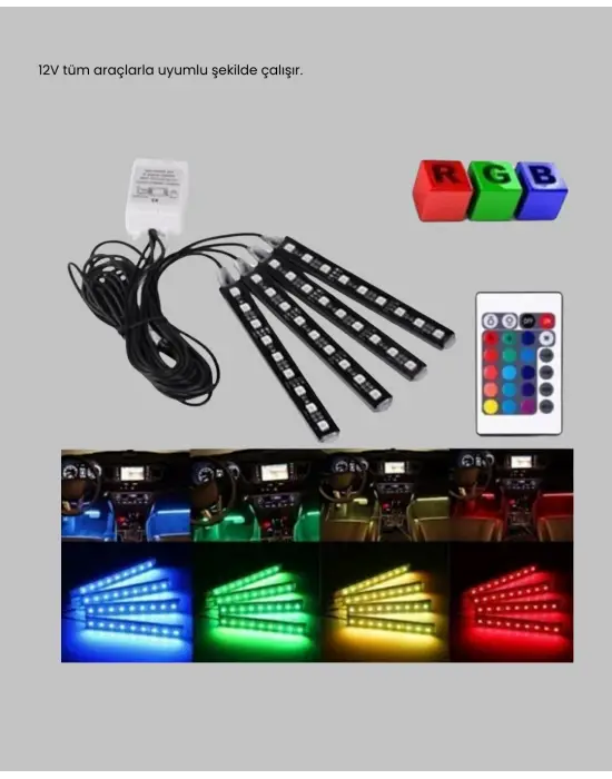 Rgb Araç İçi Led Aydınlatma 12v 48 Led Müzik Kontrollü 4 Şerit Set