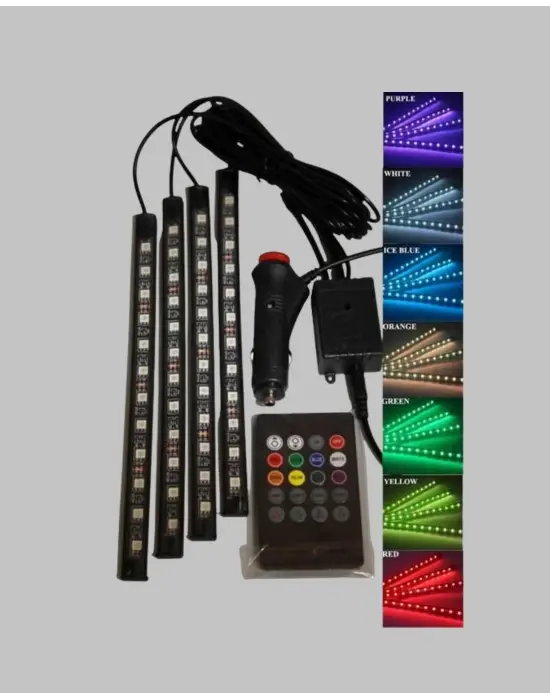 Rgb Araç İçi Led Aydınlatma 12v 48 Led Müzik Kontrollü 4 Şerit Set