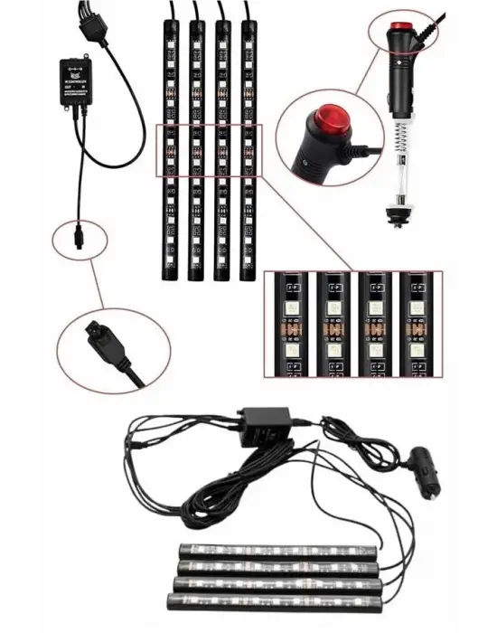 Rgb Işıklı Araç İçi Aydınlatma Kumandalı 12li Led Işık Renk Değiştirebilen