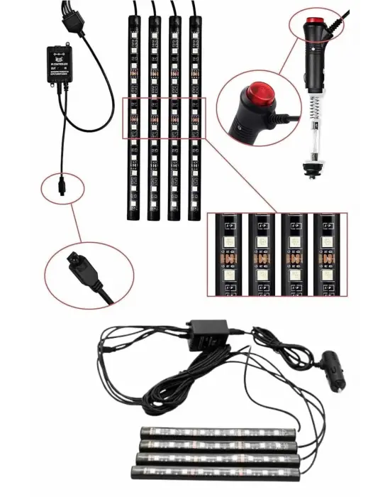 Rgb Işıklı Araç İçi Aydınlatma Kumandalı 12li Led Işık Renk Değiştirebilen