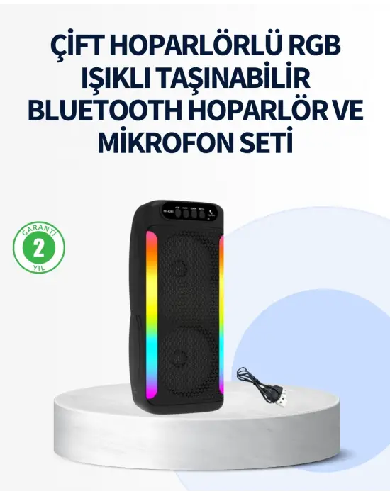 Rgb Işıklı Çift Hoparlörlü Taşınabilir Bluetooth Speaker Ve Mikrofon