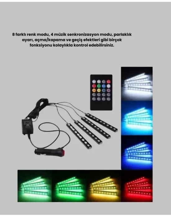 Rgb Müzik Kontrollü Araç Led Işık Seti 48 Led 12v Uzaktan Kumandalı