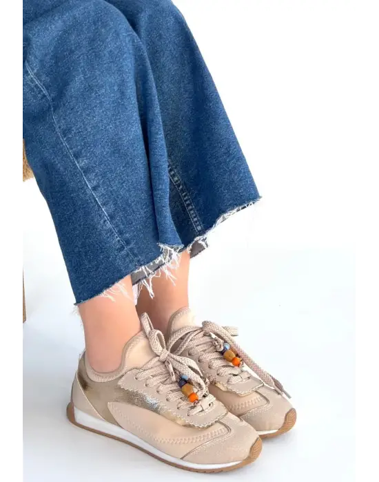 Riaf Bej Cilt Bağcıklı Spor Ayakkabı