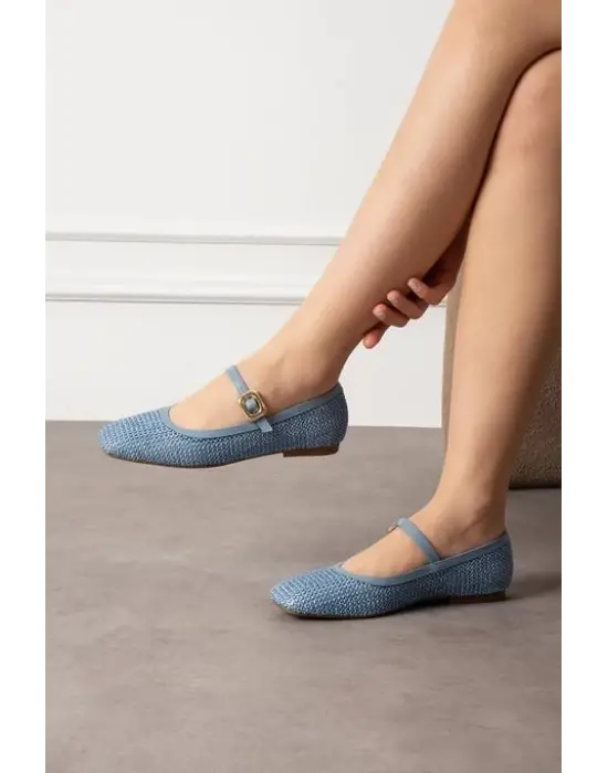 Omarı Mavi Hasır Dokumalı Babet Ayakkabı