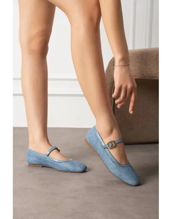 Omarı Mavi Hasır Dokumalı Babet Ayakkabı