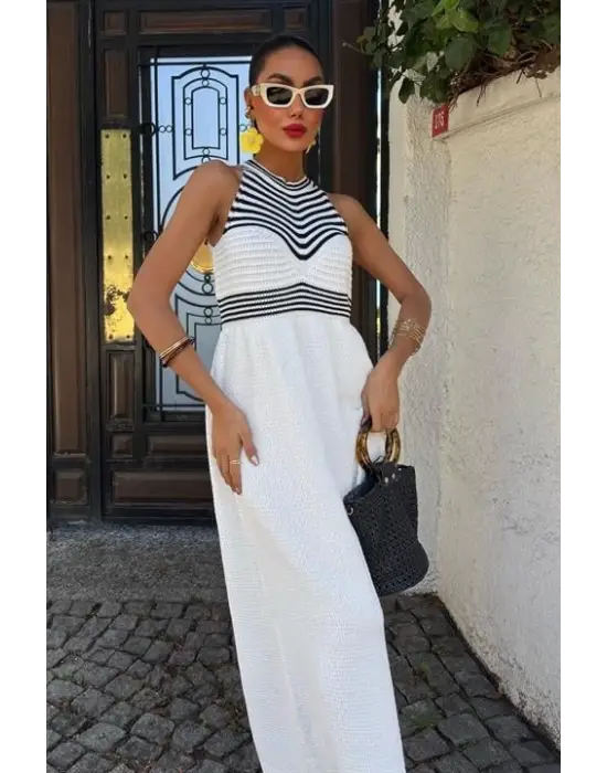 Omarı Çizgili Uzun Triko Elbise