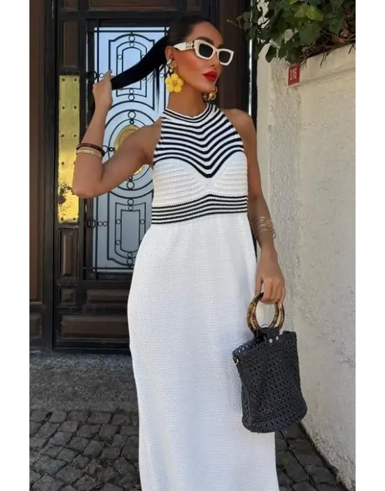 Omarı Çizgili Uzun Triko Elbise