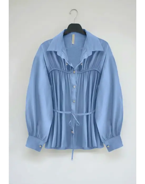 Robadan Büzgülü Beli Bağcıklı Gömlek -Bebe Mavi