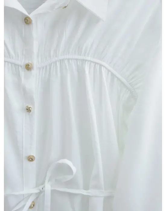 Robadan Büzgülü Beli Bağcıklı Gömlek -Beyaz