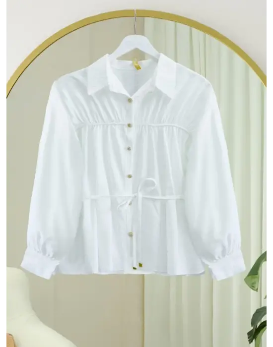 Robadan Büzgülü Beli Bağcıklı Gömlek -Beyaz
