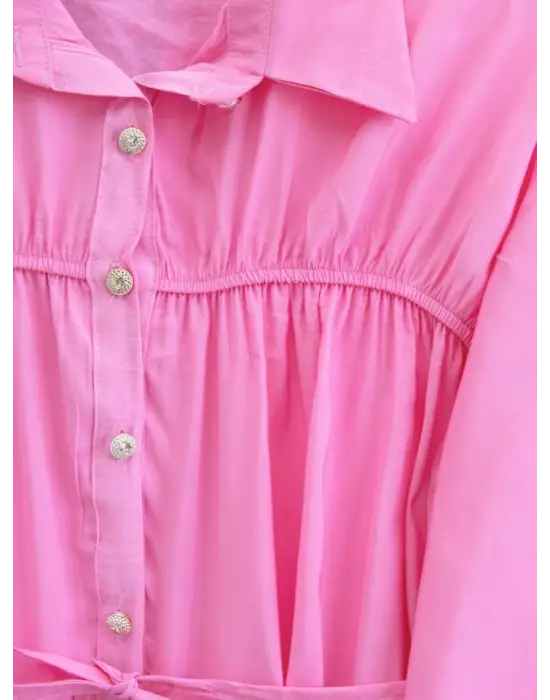 Robadan Büzgülü Beli Bağcıklı Gömlek -Pembe