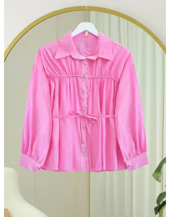 Robadan Büzgülü Beli Bağcıklı Gömlek -Pembe