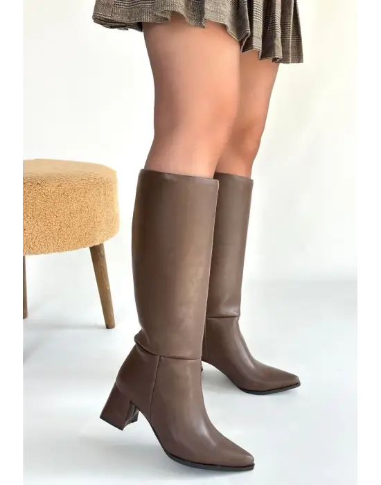 Roksa Acı Kahvei Cilt Topuklu Çizme