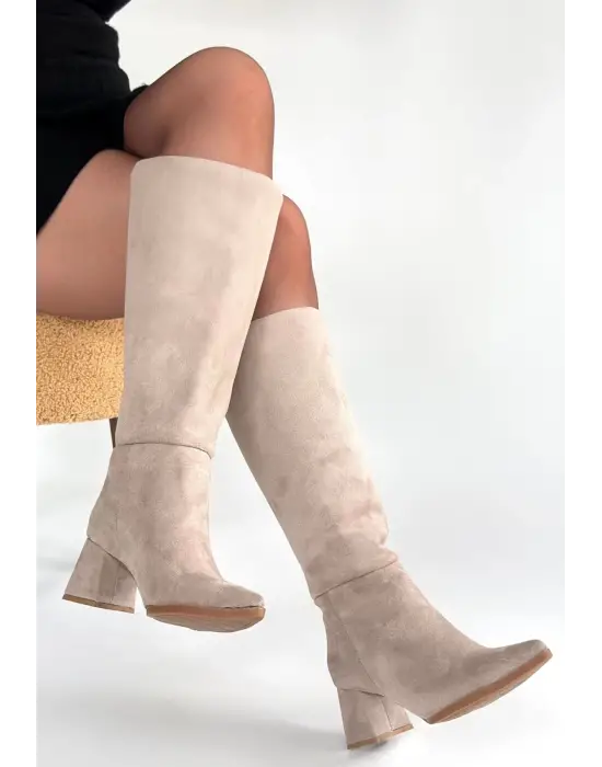 Roksa Bej Süet Topuklu Çizme