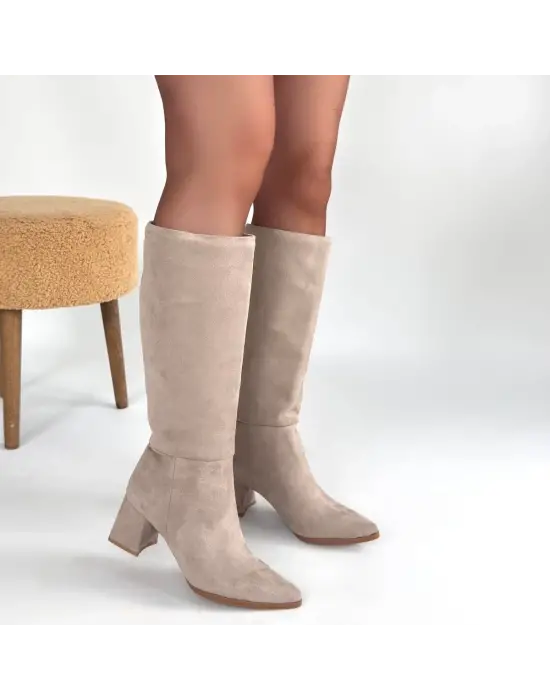 Roksa Bej Süet Topuklu Çizme