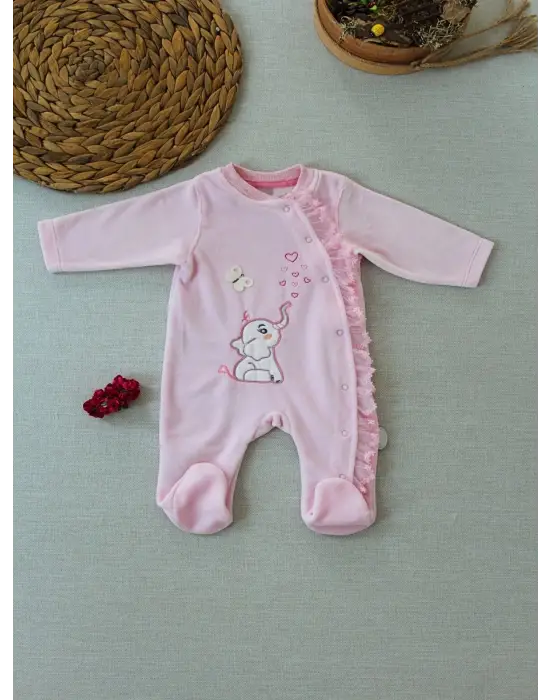 Omarı Romantik Fil Nakışlı Kız Bebek Tulumu