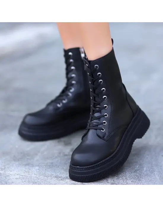 Omarı Siyah Cilt Bağcıklı Bot - Kadınlar İçin Şık ve Rahat Bot