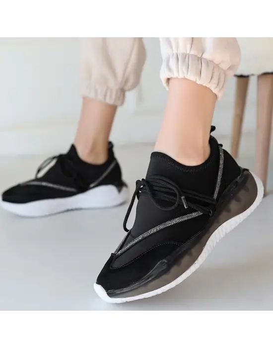 Omarı Siyah Rugan Spor Ayakkabı Bağcıklı