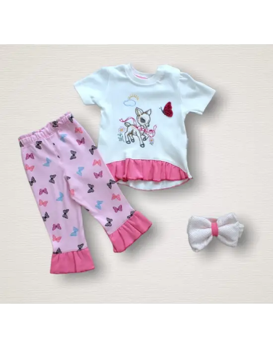 Omarı Ceylan Rüyası Baskılı Kısa Kollu Sweat 3lü Kız Bebek Takımı