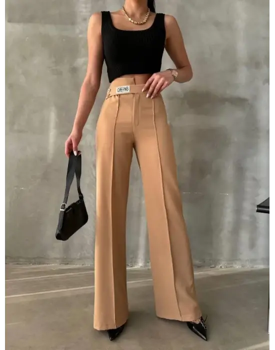 Omarı Hafif ve Şık Palazzo Pantolon - Bej