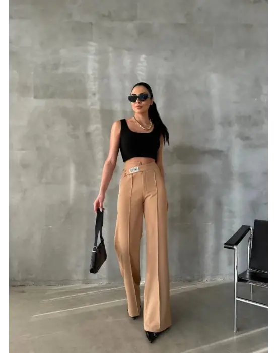 Omarı Hafif ve Şık Palazzo Pantolon - Bej