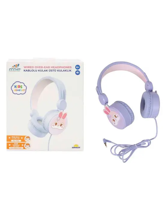 S0000007 -SUN-GLE-ECH-KULAKLIK MİKROFONLU KABLOLU TAVŞAN RESİMLİ LİLA