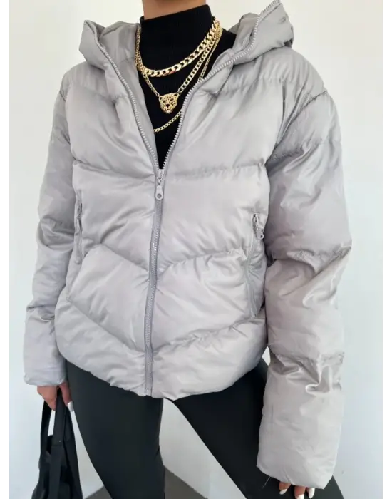 Omarı Termal Astarlı Göğüs Cebi Detaylı Kışlık Mont - Gri