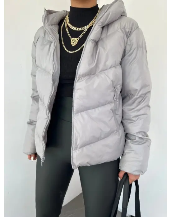 Omarı Termal Astarlı Göğüs Cebi Detaylı Kışlık Mont - Gri